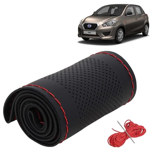 Image of KINGSWAY PU Leatherite Car Steering Cover Sewable Compatible with Datsun Go (Year 2014 Onwards), Black Color with Red Thread, Pack of 1 with Sewing Needle and Thread