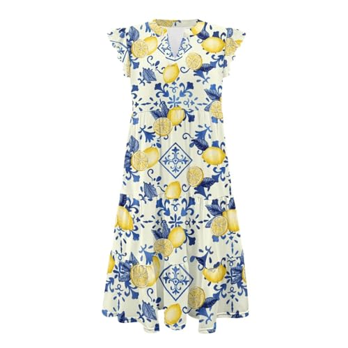 Image of Womens Summer Dress Ruffle Sleeve V Neck Dress Casual Fit Flowy Beach Vacation Sundress with Pocket S-2XL