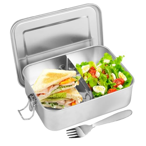 KITDAHOM Brotdose Edelstahl mit 2 Fächern - 1200ml Lunchbox Edelstahl mit Edelstahlgabel, Alles aus 304 Edelstahl, mit Beweglicher Trennung und Auslaufsicherer Dichtung, für Kinder und Erwachsene