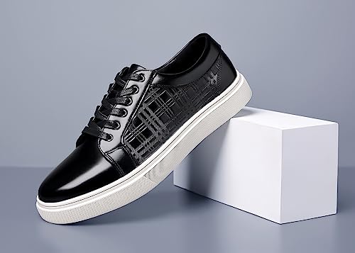 Santimon Men's Low-Top Leather Sneakers Classic Plaid Slip On Shoes4