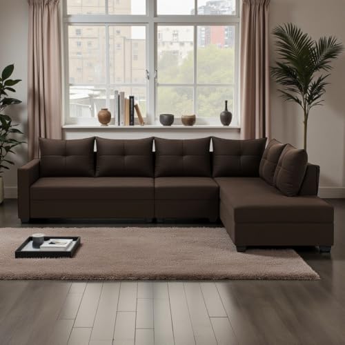 Image of SOCOZI Oriana 6 Seater RHS L Shape Sofa Set | Soft Velvet Suede Fabric | Modern Design | Plush Comfort Cushions for Living Room (Dark Brown)