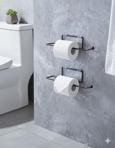 Image of Amazon Brand - Umi Toilet Paper Holder Wall Mount MS Metal Bathroom Tissue Holder, Toilet Roll Holder for Bathroom & Kitchen, Heavy-Duty Self Adhesive (2) (Black)