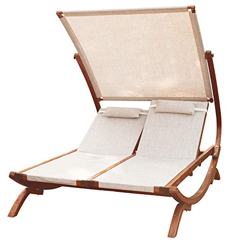Leisure Season DRL7157 Double Reclining Lounge Chair with Canopy - Brown - 1 Piece - Wood Chaise, Patio Furniture, Outdoor Bench, Lawn Chairs with 2 Pillow Cushions - For Pool, Deck and Garden Area - Thumbnail 5