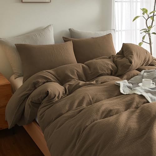 SE SOFTEXLY Muslin Duvet Cover Oversized King Size, 100% Washed Cotton Duvet Cover Set, Soft Comforter Cover Linen Like, 3 Pieces Minimalist Gauze Duvet Cover with 2 Pillowcases, 98"x120", Dark Brown