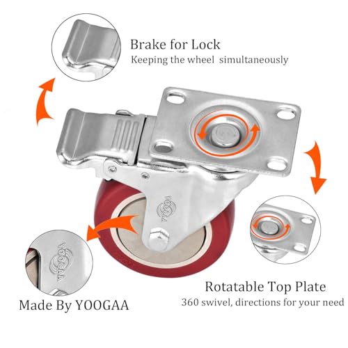 Image of Caster Wheels 3 Inch Casters Set of 4 Heavy Duty Load Bearing 1000 Lbs Locking Swivel Plate Casters with Brake Industrial No Noise Polyurethane Wheels Anti-wear Smooth Casters