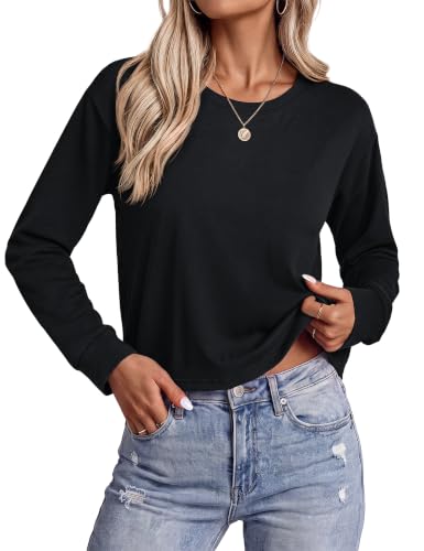 YUCOLEN Womens Long Sleeve Shirts Crop Cotton Crewneck Top Black S