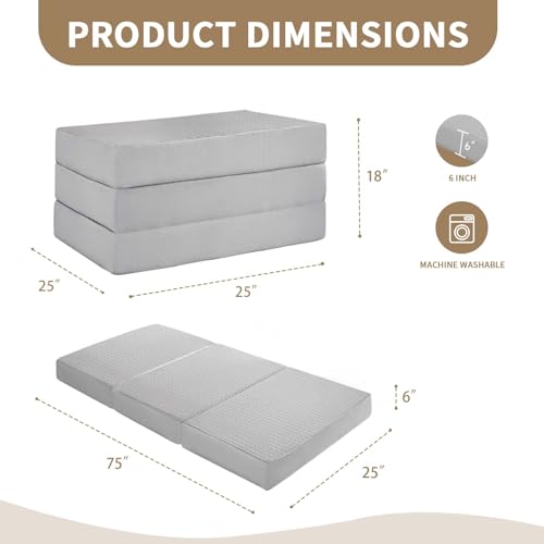 Image of CYMULA Folding Mattress Single Size,6 inch Tri-Fold Floor Mat for Naps,Grey