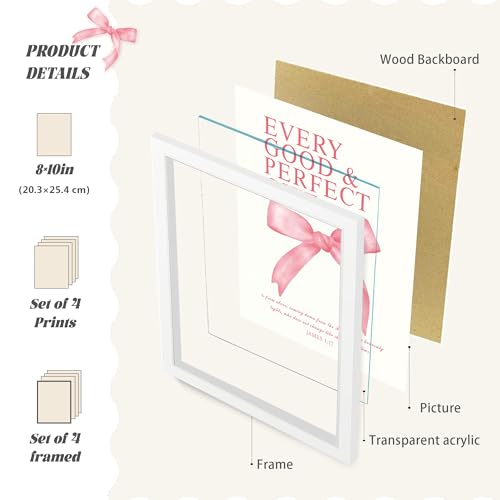 Image of LARTSFRO Coquette Pink Bow Wall Art Decor Posters, Pink Bow Room Bedroom Bathroom Dorm Wall Art Decor Aesthetic for College Teen Girls Gifts, Inspirational Bible Verses Bow Wall Decor, 10x8 Inch Set of 4 Pcs Bow Pictures (WHITE FRAMED)