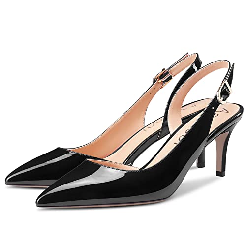 Aachcol Women Stiletto Mid Low Kitten Heel Pumps Ankle Strap Slingback Pointed Toe Dress Shoes Office Party Wedding Patent 2.5 Inch4