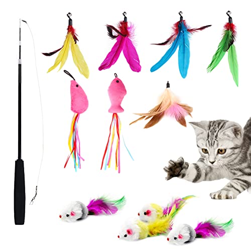 Jouets à Plumes pour Chats avec Cloche [12 Pièces] Jouet pour Chat Interactif Kit/Interactif Chatons Baguette - Rétractable Canne a Peche Jouet, 7 Plumes de Remplacement et 4 Jouets Souris pour Chat Cover
