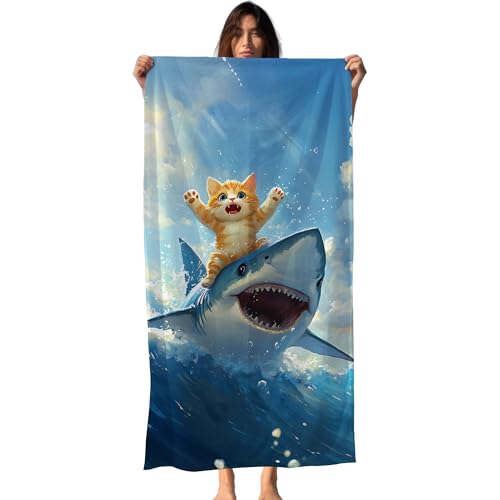 FIicy Funny Cat Shark Beach Towel Coastal Ocean Cats Pool Towels Cat Shark Lovers Gifts Large Beach Bath Travel Towels for Kids Girls Boys Funny Cats Sharks Bathroom Accessories Decor 30x60in