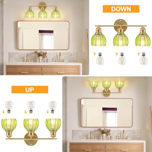 Image of Bathroom Light Fixtures, 3-Light Brushed Gold Vanity Lights for Bathroom with Green Tulip Glass Shade, 20 inch Vintage Bathroom Vanity Lighting Fixtures Over Mirror for Bedroom Living Room Hallway
