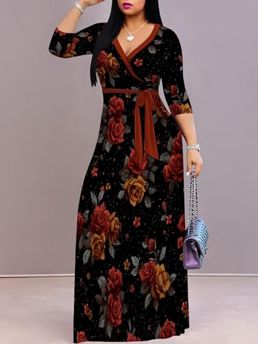 Image of PinkPatty Women's Long Sleeve Maxi Dress Plus Size Trendy Wedding Guest Dress with Pockets&Belt