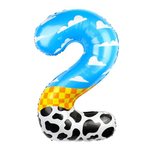 40 Inch Cartoon Story Theme Number 2 Foil Balloon Blue Sky and White Cloud Cow Cartoon Balloon for Boys Girls Birthday Party Decorations Party Favors