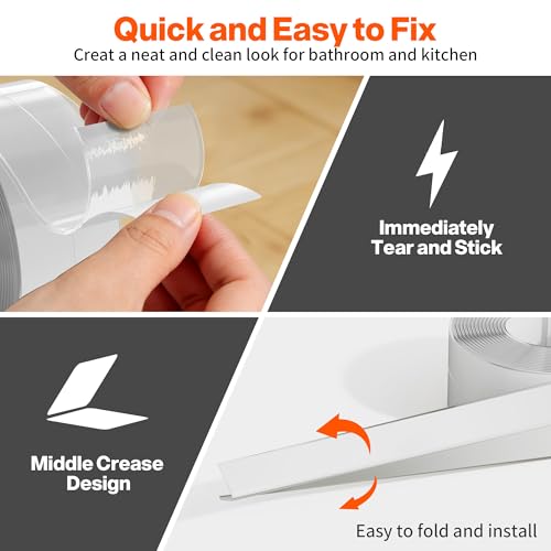 Image of Dstorelhp 2PCS Caulk Tape for Bath & Kitchen, Clear, 1.5 inch x 10.5Ft | Waterproof, Self Adhesive, Peel and Stick, For Bathroom Toilet Tub Shower Wall Trim, Easy to Install
