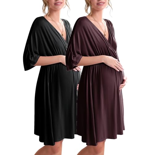 Image of Ekouaer 3 in 1 Labor/Delivery/Hospital Gown 2 Pack Maternity Dress Nursing Nightgown Sleepwear
