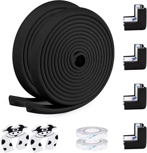 Image of 2 Pack Baby Proofing Edge and Corner Guards, 32.8 ft + 8 Corners, Black | NBR Foam, 3M Adhesive, Cut-to-Fit Edge Roll, 8 Corner Guards, Furniture Edge Protection