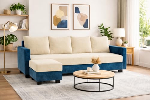 Image of SOCOZI Braven 5 Seater L Shape Sofa Set with Movable Ottoman | Flexible Layout | Soft Velvet Suede Fabric | Modern Design | Plush Comfort Cushions for Living Room (Blue-Cream)