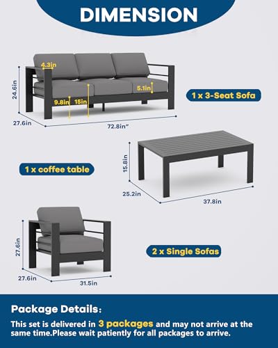 5 Seats Aluminum Patio Furniture Set, 4 PCS Outdoor Sectional Conversation Set with 4" Wide Armrest, Backyard Sectional Sofa Set with Coffee Table & Thick Cushions, Grey - Image 7