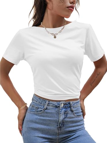 LilyCoco Backless Tops for Women Short Sleeve Sexy Crew Neck Tie Back Plain Shirt2