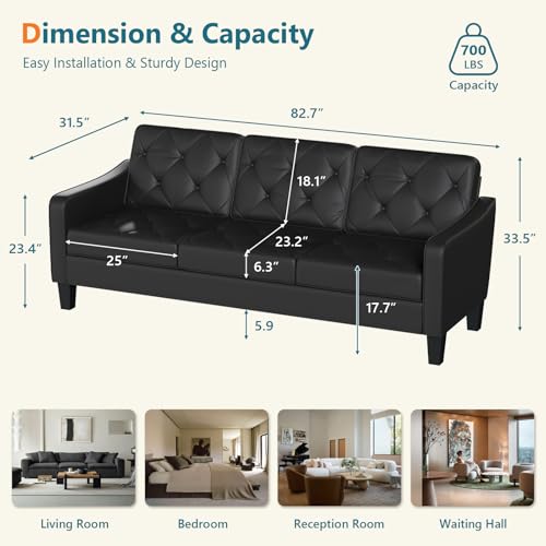 Image of 83 inch Black Faux Leather 3 Seater Couch, Mid Century Tufted Sofa Living Room | STHOUYN Office Couch, Tufted Design, High Resilience Foam, 700 lb Capacity, Easy Assembly, Waiting Room Area, Small Couches
