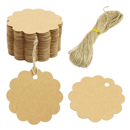 Mewflew Lote de 100 etiquetas de presente de papel kraft para escrever 20 m de corda de juta - cartões de papel kraft - etiquetas redondas em forma de estrela de juta para o Natal, presentes e