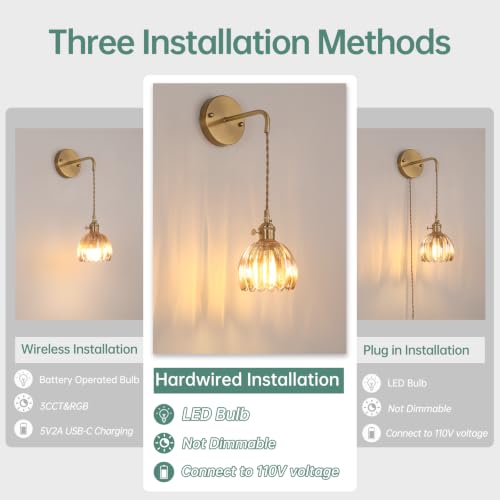 Image of Shenmoyl Vintage Wall Sconce Wall Lamp Amber Tulip Shade Pattern Glass Adjustable Chain Retro Gold Wall Mounted Light, Wall Lamp Fixtures Decor for Bedside Bedroom Indoor Doorway