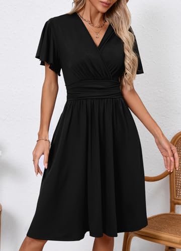 Image of Women's Casual Summer Dress V Neck Short Sleeve Flowy Stretchy Comfort Fit for Daily Wear Work Midi Dresses