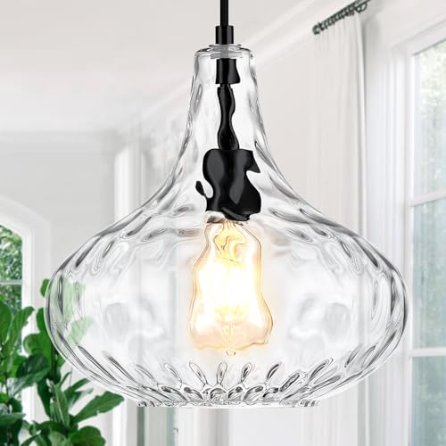 Glass Large Pendant Lights for Kitchen Island Blown Glass Pendant Light Clear Hammered Shade Hanging...