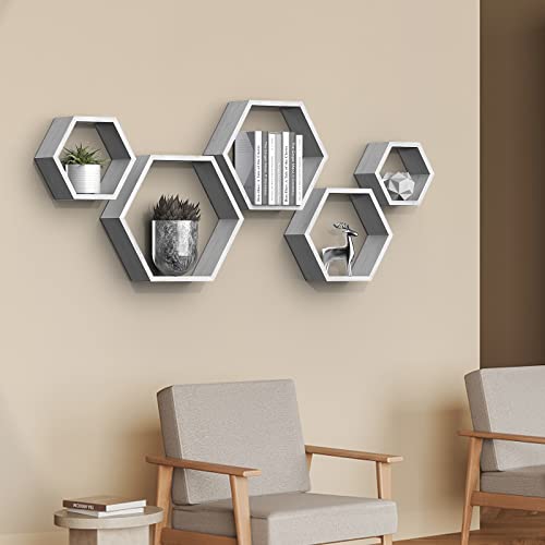 Hexagon Shelves Farmhouse Honeycomb Floating Shelves Set Of 5 Wood Storage Shelf For Plants Display Wall Hanging Shelves Modern Honeycomb Racks Sets For Living Room Bedroon Office, Grey-White #TOP4