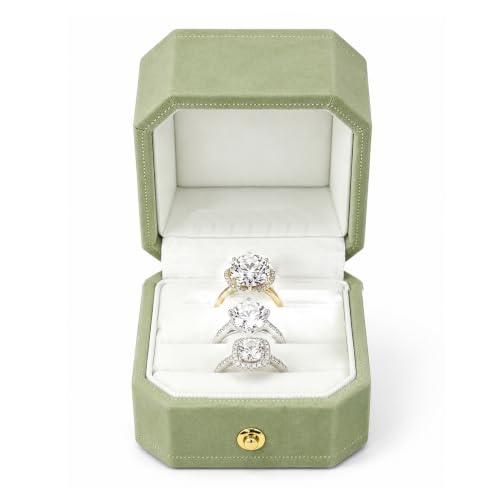MTJYQYF 3 Slots Velvet Jewelry Ring Box Octagon Engagement Ring Box Ring Display Holder Case with Hinged Lid for Proposal Engagement Wedding 2.44x2.44x2.17 IN -U2-PRB003-Green
