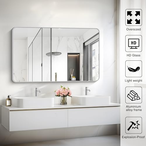 Image of 48x30 Inch Silver Bathroom Mirror, Metal Framed Silver Rectangle Mirrors, Rounded Rectangular Vanity Mirror, Wall Mounted Mirrors for Living Room Bedroom Entryway Hangs Horizontal or Vertical