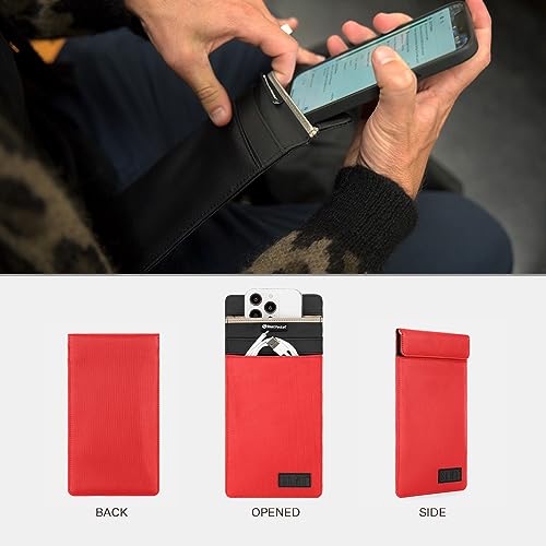 SLNT Faraday Bag Smartphone Sleeve with Silent Pocket - Leather or Weatherproof Nylon - Signal Blocking Device Shielding for iPhone, Galaxy, Most Phones - Privacy, Anti-Hacking (Red Nylon, Medium)