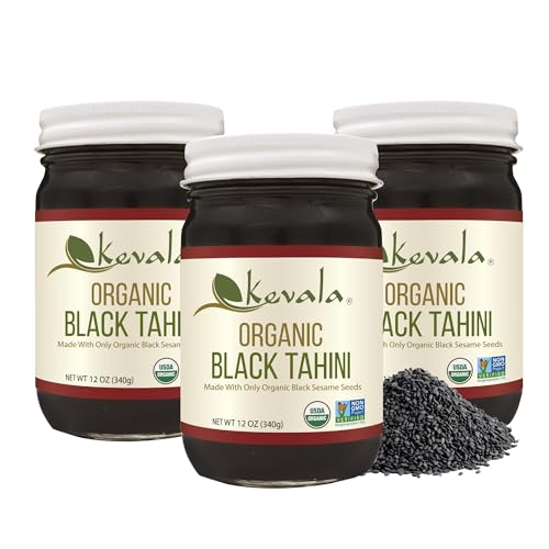 Kevala Organic Black Tahini - 3Pack of 12 oz Glass Jars, Gluten Free Black Roasted Sesame Spread for Toast, Nutritious Addition to Smoothies and Salad Dressings, Kitchen Pantry Staple for Baking