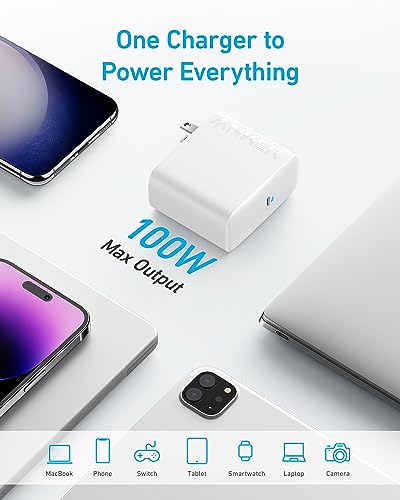 Image of Anker Laptop Charger, Compact and Foldable 100W USB C Charger for MacBook Air, Samsung Galaxy, iPhone 17 /16 Series, iPad Pro, and More(5FT USB C Cable Included)