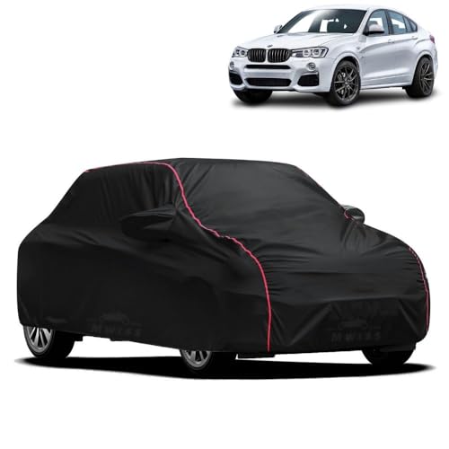 Image of Waterproof Car Cover for BMW ML | All-Weather Protection, Dustproof & UV Resistant | Triple Stitched Mirror Pockets, Windproof Buckle Strap with Elastic Hem, Black-Red Piping
