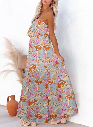 Image of Dokotoo Womens Strapless Dresses Casual Side Split Flowy Boho Maxi Dress | High Waist,Off The Shoulder,Wedding Guest,Bohemian,Beach Vacation Clothes,Floral Print,Sundresses,Casual