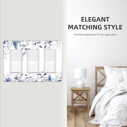 Decorative Outlet Covers Rustic Ink Blue Eucalyptus Leaves Sage leaf 3 Gang Outlet Cover Wall Plate Triple Rocker Light Switch Cover Plate Switch Plate Covers for Bedroom Home Decor