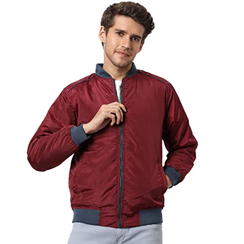 Image of Campus Sutra Men's Maroon Solid Puffer Regular Fit Bomber Jacket For Winter Wear | Low-Cut Standing Collar | Full Sleeve | Zipper | Casual Jacket For Man | Western Stylish Jacket For Men