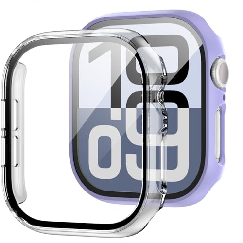 Image of 2 Pack Case with Tempered Glass Screen Protector for Apple Watch Series 3 /2 /1 42mm,JZK Slim Guard Bumper Full Coverage Hard PC Protective Cover HD Ultra-Thin Cover for iWatch 42mm,Purple+Clear