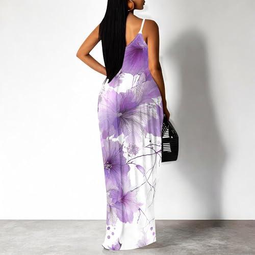 Image of Women's Summer Maxi Dress Spaghetti Strap Floral Boho Beach Long Sundress with Pockets