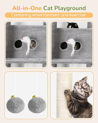 Image of Globlazer Heavy Duty Cat Tree Tower 80in Tall Extra Large Cat Tree Tower for Multiple Indoor Cats Large Adult with Scratching Posts, 2 Spacious Condos, Padded Perches, Soft Hammock, S80B, Light Grey