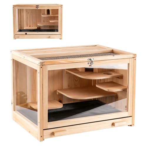 RUNSHED Hamster Cage Wooden Chew Proof, Large Hamster Cages and Habitats, Openable Top with Acrylic Sheets, Solid Built Small Animal Cage,Easy to Assemble
