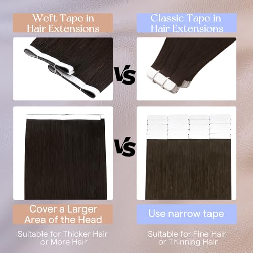 Image of Full Shine Tape in Weft Hair Extensions, Darkest Brown 18 Inch | 50g 1 Piece, Tape in Weft Hair Extensions, Invisible Hand Tied Weft Seamless Skin Base for Party Styling