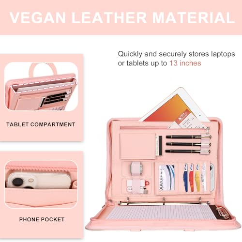 Image of Leathario Portfolio Binder, Includes 5 Folder Index Dividers, 13 Inch Tablets Organizer with Handle, Vegan Leather A4 Padfolio, Multi-Pocket Notepad Business Planner Professional Document