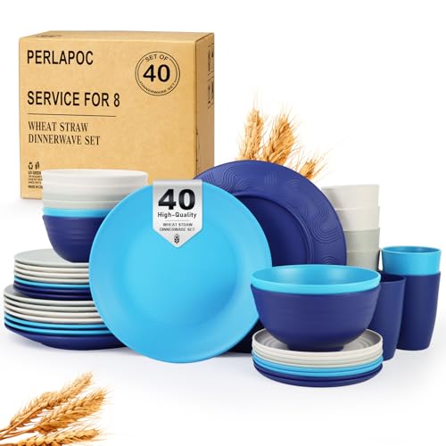Image of Dinnerware Set 40 PCS Wheat Straw Dishes Set - Service for 8 Unbreakable Plastic Dish Set Microwave Safe Plates and Bowls Sets Lightweight Cups Sets Outdoor Dishes - Island Colors