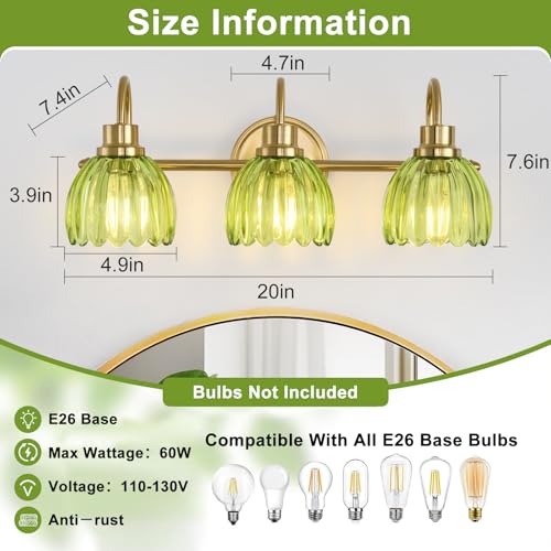 Image of Bathroom Light Fixtures (3-Light, 20 Inch), Brushed Gold Vanity Lights for Bathroom with Ribbed Green Tulip Glass Shade, Vintage Vanity Wall Lights for Mirror Bedroom Living Room Hallway
