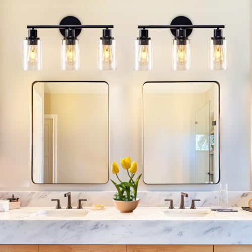 Image of DLLT 3-Light Bathroom Light Fixtures: Set of 2 Black Modern Vanity Lights with Clear Glass Shade - 18.51 inch Bathroom Wall Lamp for Mirror Kitchen Living Room