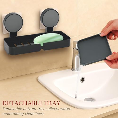 Image of Plastic Self-Adhesive Soap Holder for Bathroom with Removable Drain Tray | Wall Mount No Drill Stickable Long Soap Stand for Kitchen Sink | Black