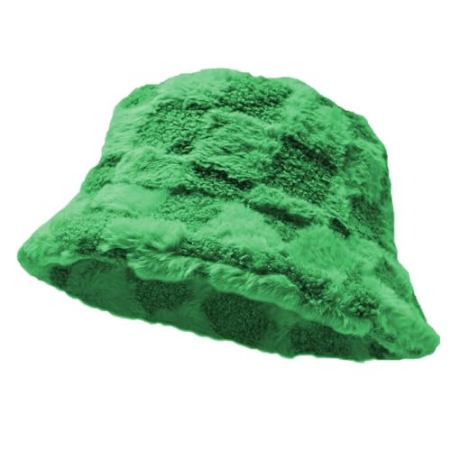 Glory Max Winter Fluffy Plush Bucket Hat Cozy Faux Fur Wide Brim Adjustable Size for Women (US Alpha One Size Check Green)